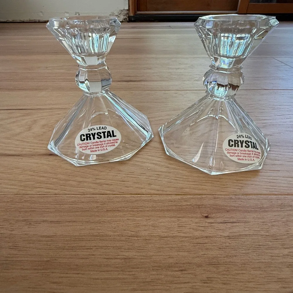 Crystal Taper Candle Holders Pair 5.5in Clear 24% Lead Crystal Made in USA